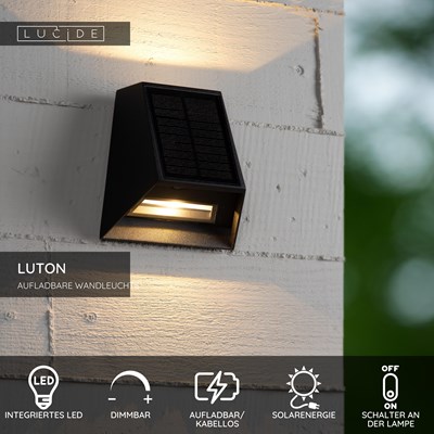 Lucide LUTON - Wandleuchte - Sonnenenergie - LED Dim. - 1x1W 2850K/3150K - IP54 - Bewegung und Tag/Nacht-Sensor - Schwarz